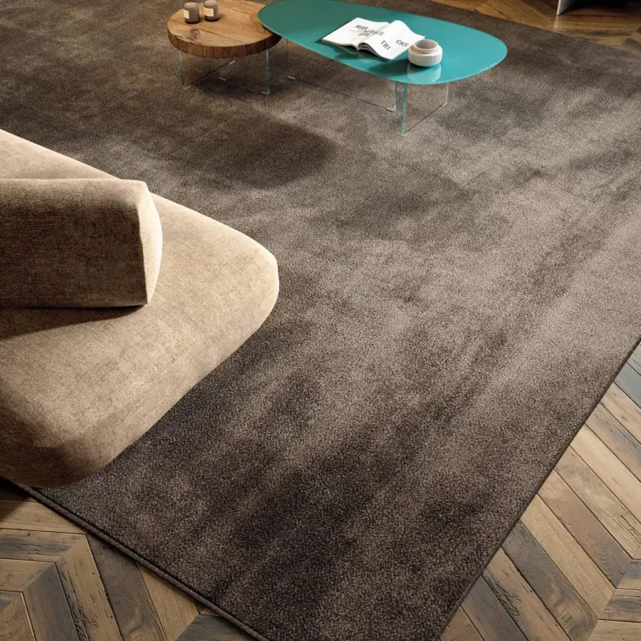 Exceptional Lago Diman rug crafted in Italy with a low profile and subtle variegated dark brown texture