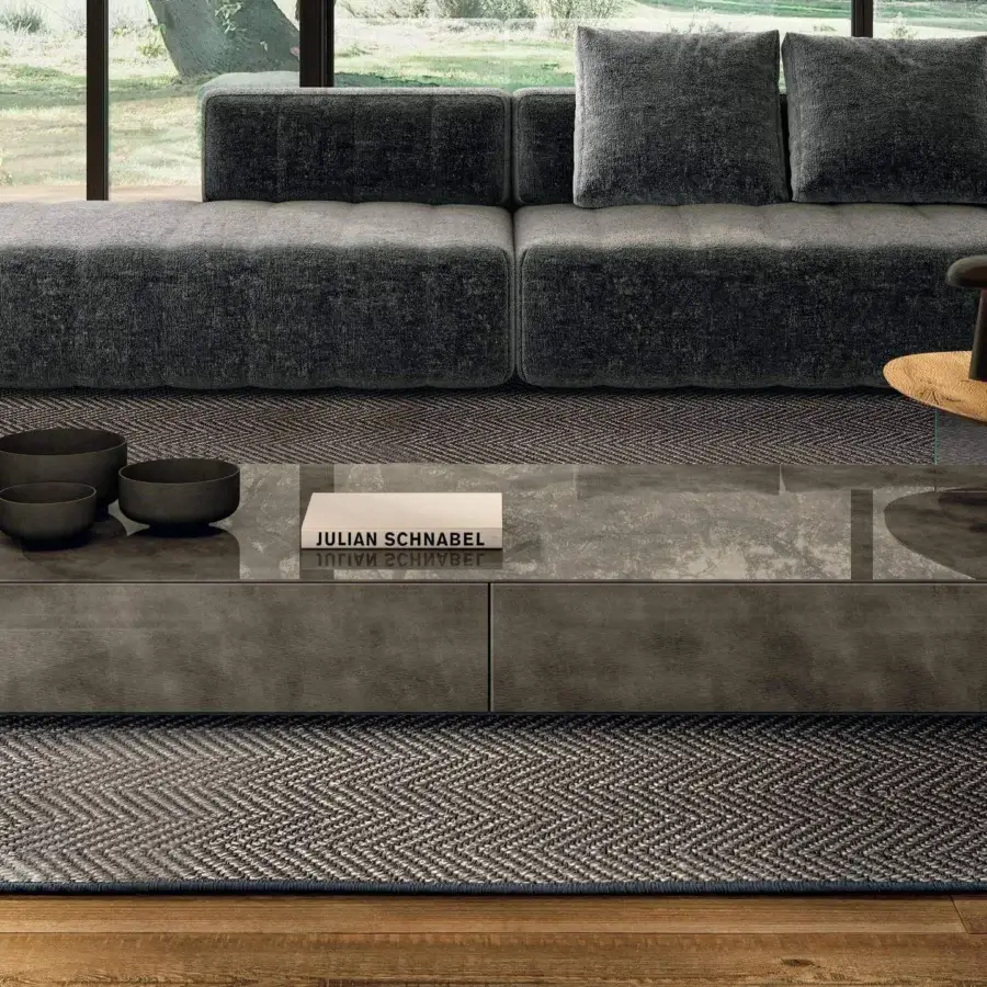 Elegant Lago Materia coffee table with monolithic design clad in XGlass and medium gray matte finish
