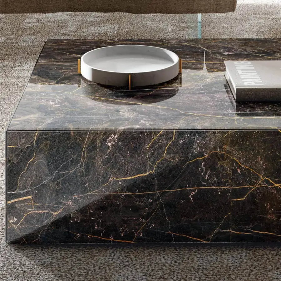 Superior Lago Materia coffee table crafted in XGlass with continuous marble veining and a dark glossy finish