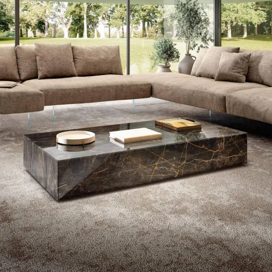 Distinguished Lago Materia coffee table built in XGlass with continuous dark brown marble grain and gold veining