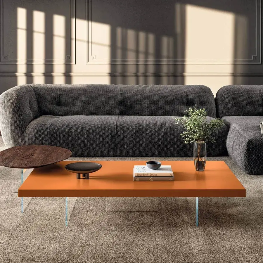 Exceptional Lago Air coffee table with vibrant orange lacquered top and tempered glass supports