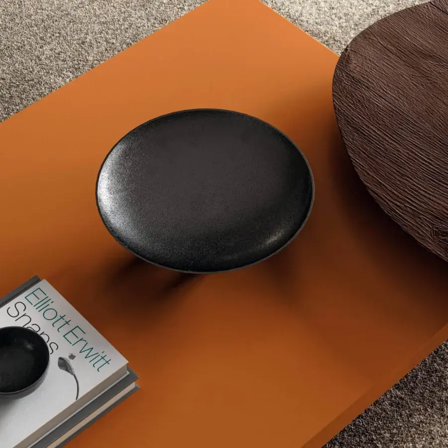 Distinguished Lago Air coffee table with a vibrant matte orange lacquered surface and dark brown tempered glass supports