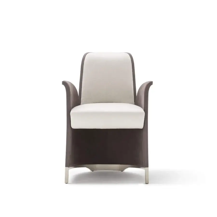 Sophisticated OAK Manhattan armchair with bronzed painted metal and light cream taupe textile upholstery crafted with tailored stitching