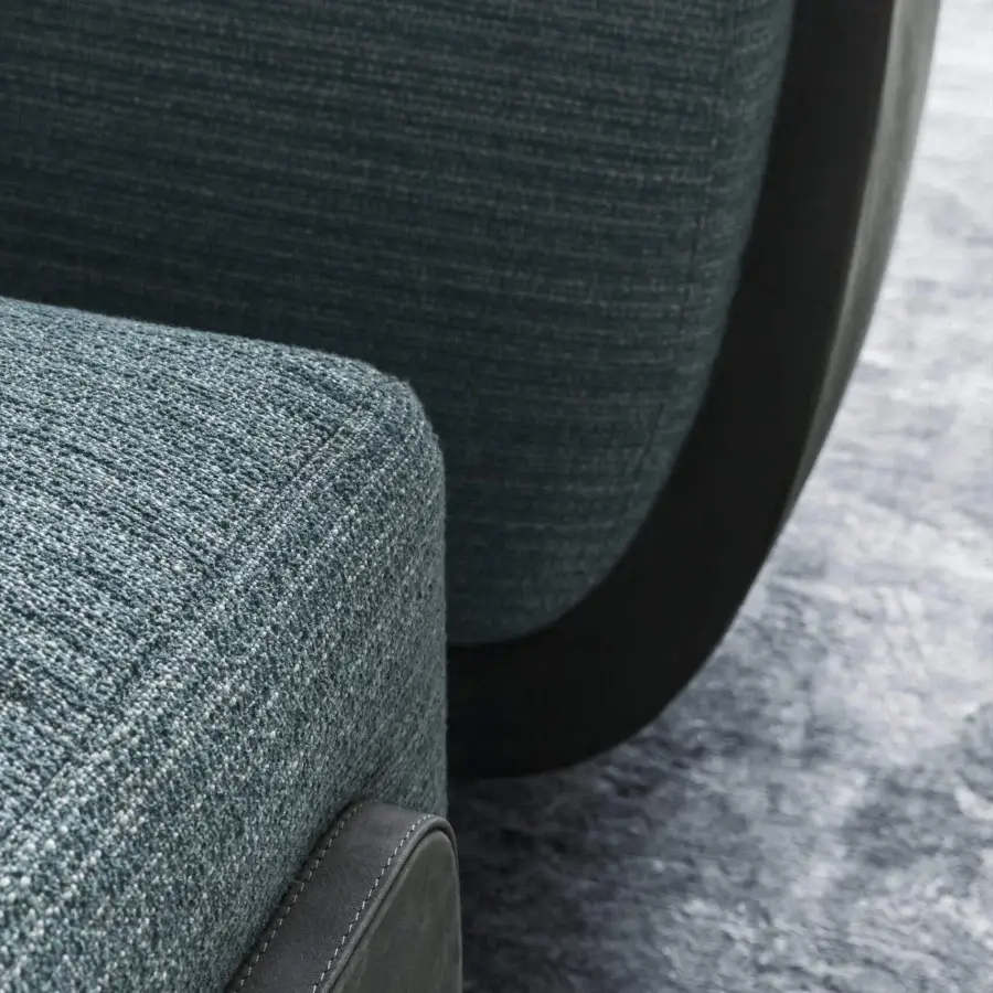 Superior OAK New York lounge chair with heathered blue and gray textile upholstery and dark wood frame
