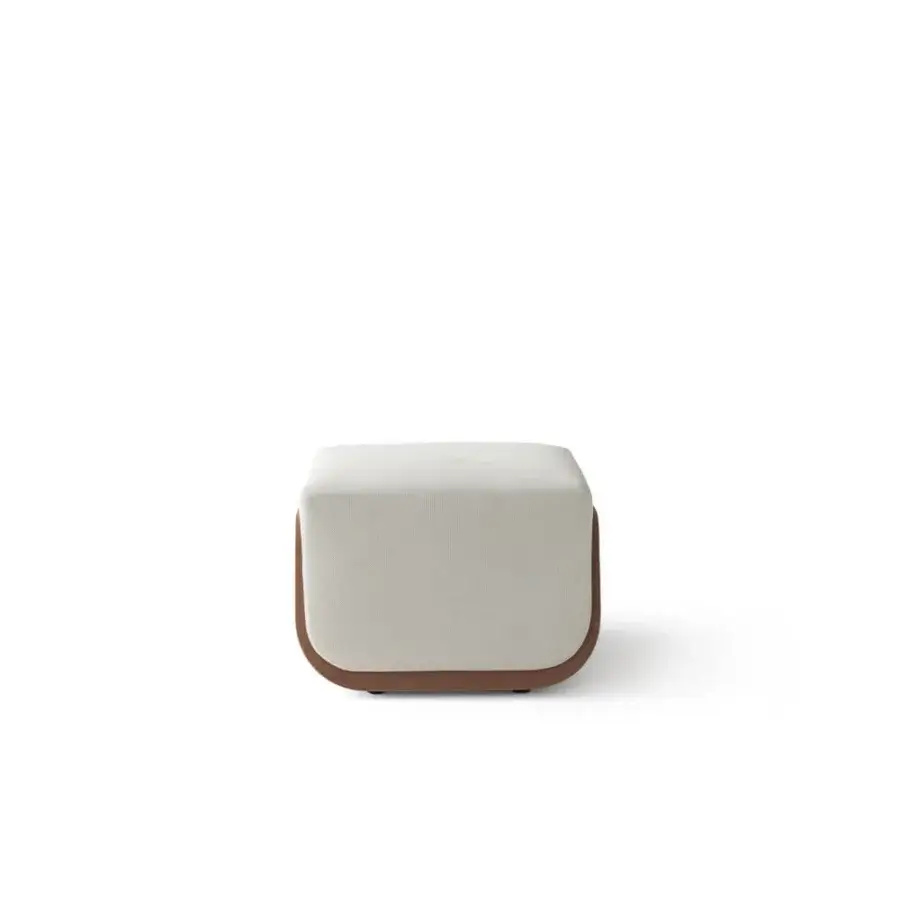 Exceptional OAK New York Lounge ottoman with light beige woven textile upholstery and matte medium brown recessed wooden base