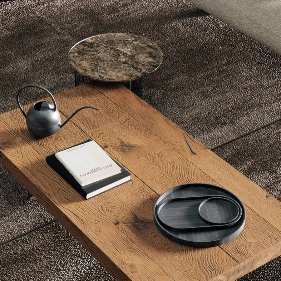 Exceptional Lago Air coffee table with warm brown wood and visible natural grain atop tempered glass supports