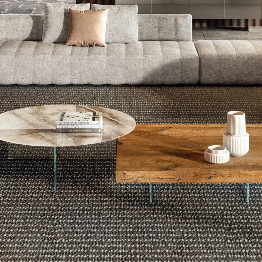 Superior Lago Air coffee table with a medium-toned brown wooden surface and tempered glass supports crafted in Italy
