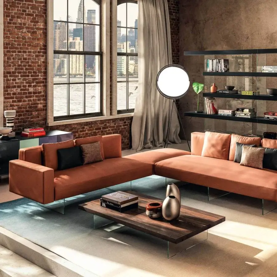 Superior Lago Air coffee table built in dark wood with a detailed grain and transparent tempered glass legs with matte finish