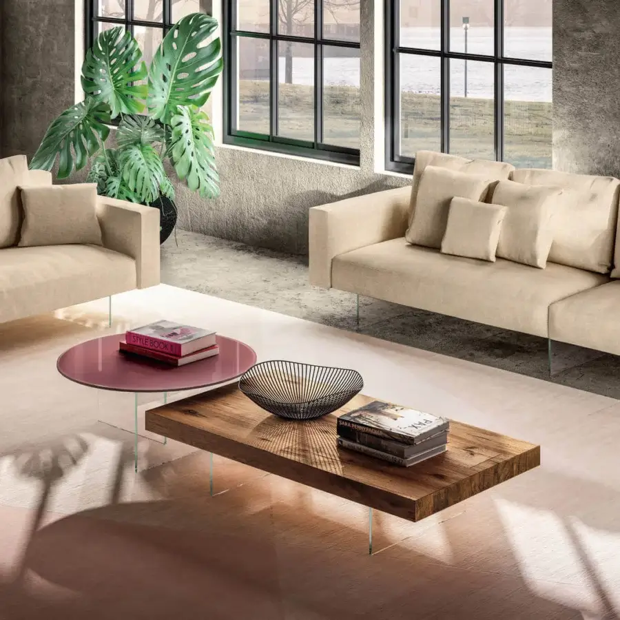 Captivating Lago Air coffee table in wood exhibits a matte finish with visible grain and seemingly invisible tempered glass legs