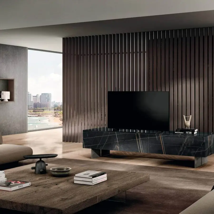 Distinguished Lago Air coffee table in dark wood showcases a robust block construction with tempered glass legs