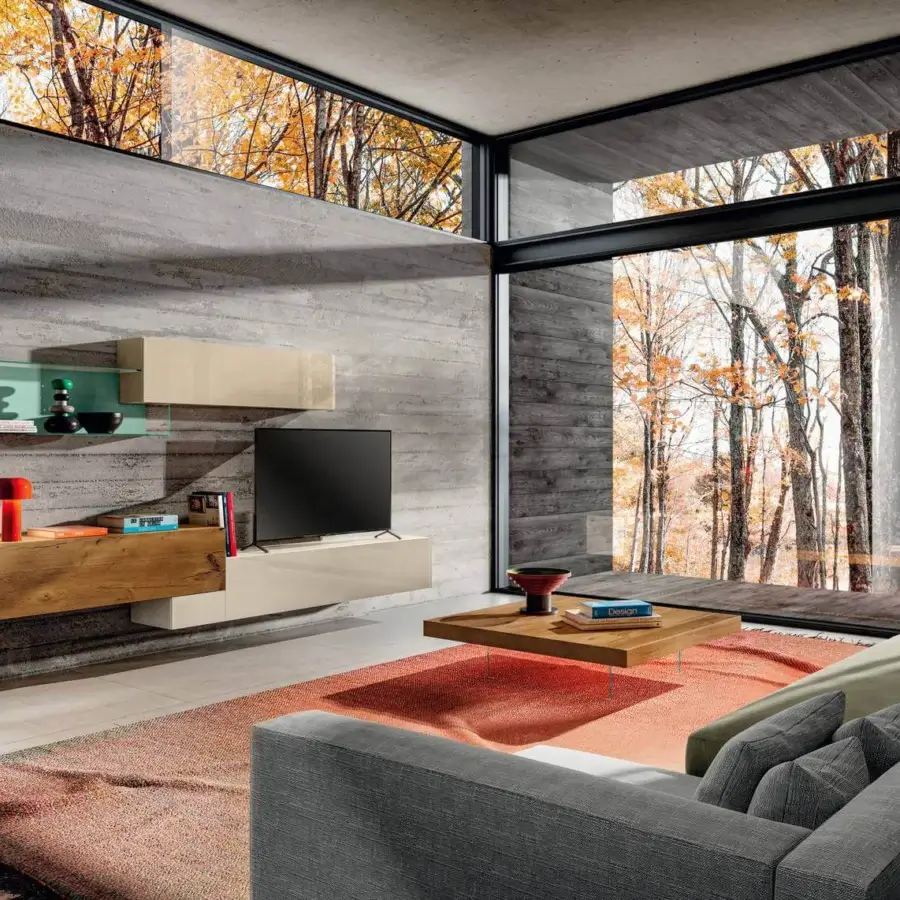 Superior Lago Air coffee table in medium-toned brown wood exhibits a spectacular floating effect with tempered glass supports and matte finish
