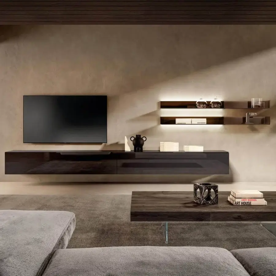 Exceptional Lago Air coffee table in dark-toned wood presents a matte finish with visible grain and clear tempered glass supports