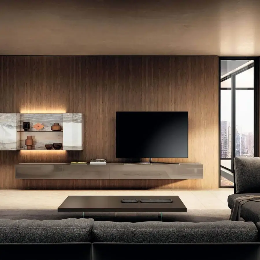 Superior Lago Air coffee table with a dark matte lacquered top and transparent tempered glass supports