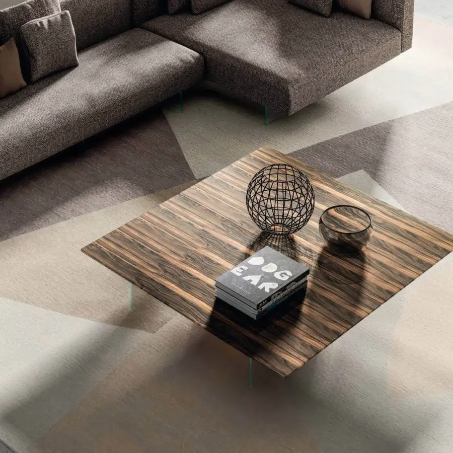 Distinguished Lago Air coffee table with brown and tan striped wood top and glossy finish supported by tempered glass legs
