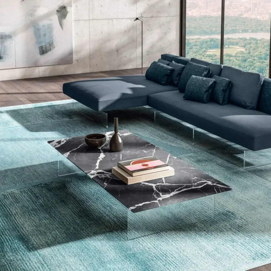 Exceptional Lago Air coffee table with dark marble top and transparent tempered glass supports crafted in Italy