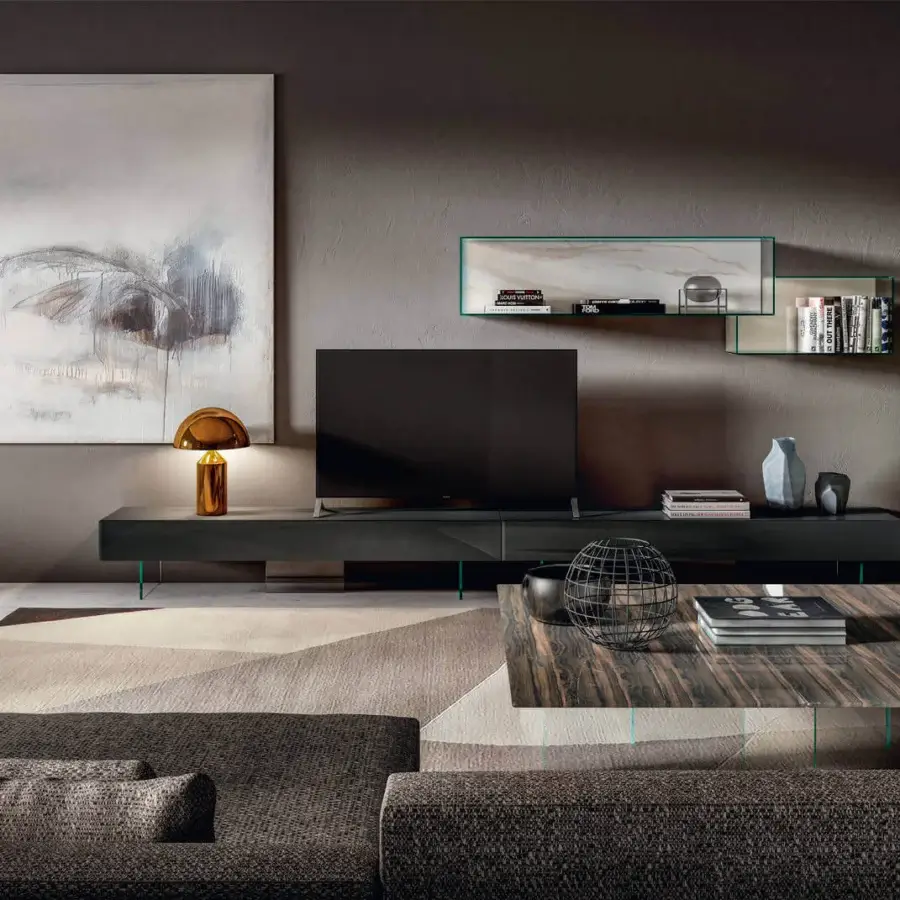 Superior Lago Air coffee table with dark brown wooden top and transparent tempered glass supports crafted in Italy