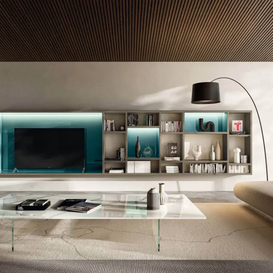 Exceptional Lago Air coffee table with white marble-patterned top and transparent tempered glass supports crafted in Italy