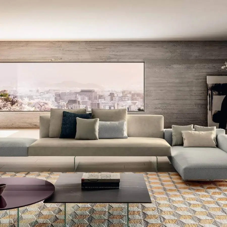 Exceptional Lago Air coffee table with dark matte glass surface and translucent purple tempered glass support