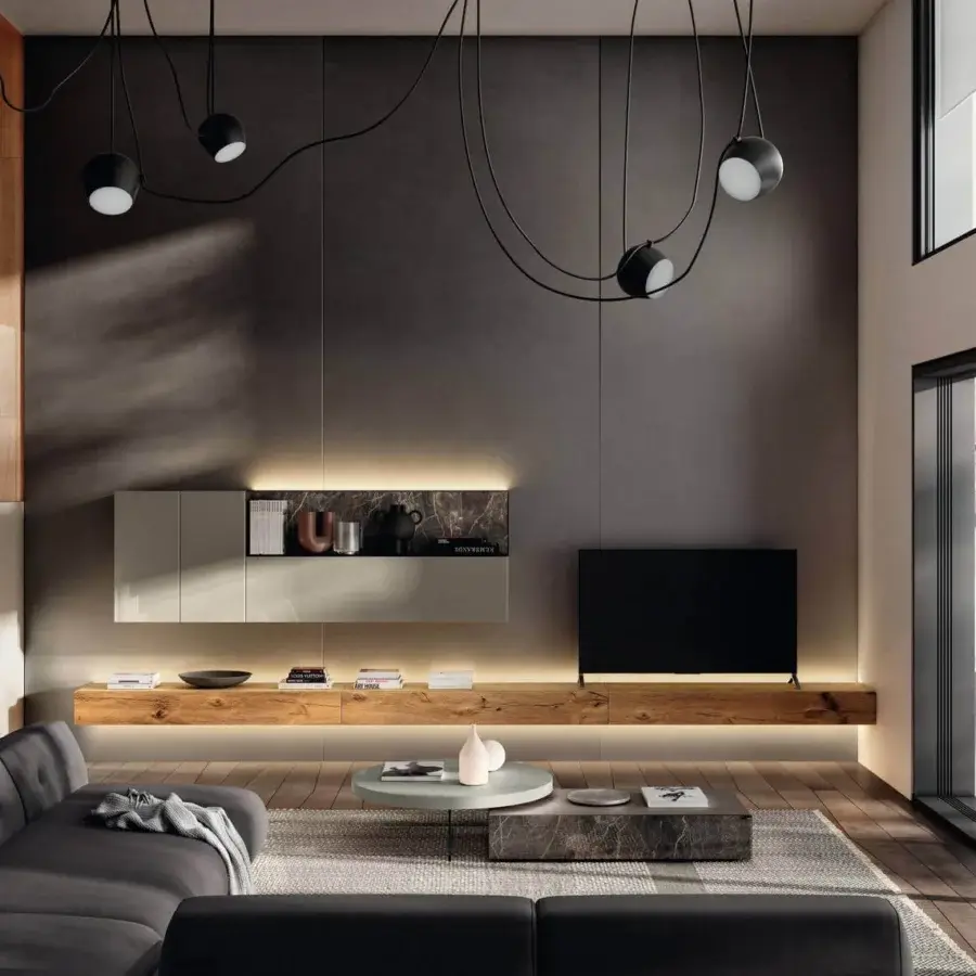 Superior Lago Materia coffee table with continuous light-toned XGlass and polished marble, offering tiered surface space