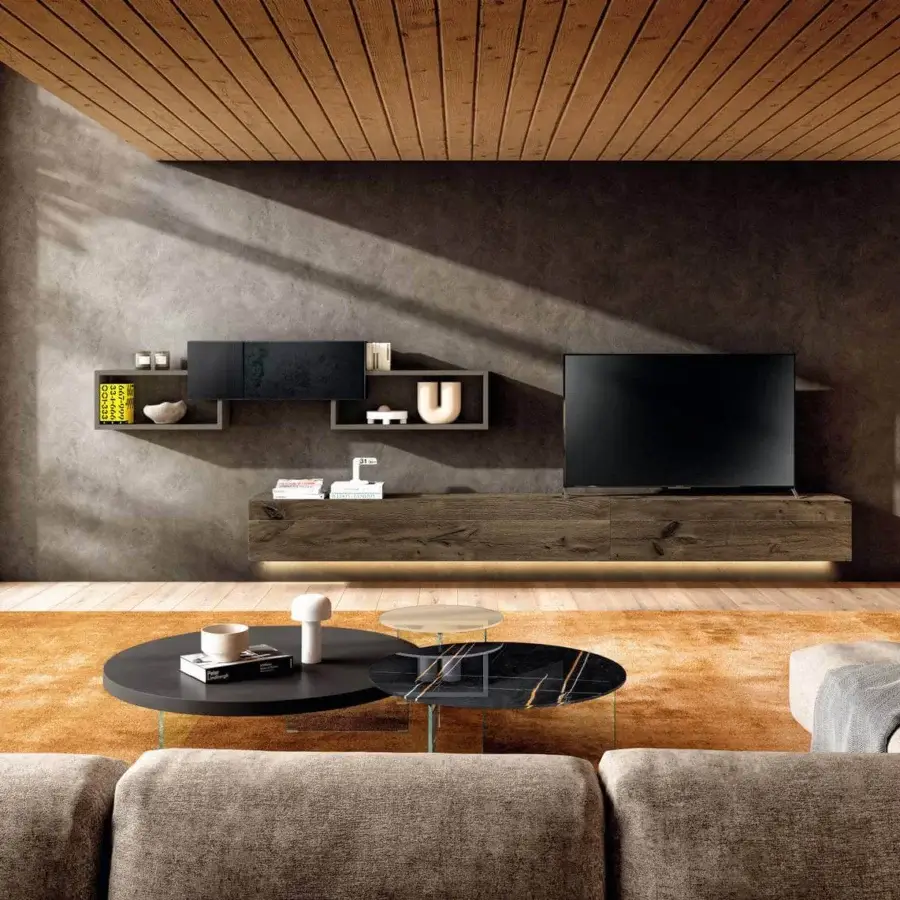 Elegant Lago Air coffee table with dark matte top and light-toned tempered glass legs crafted in Italy