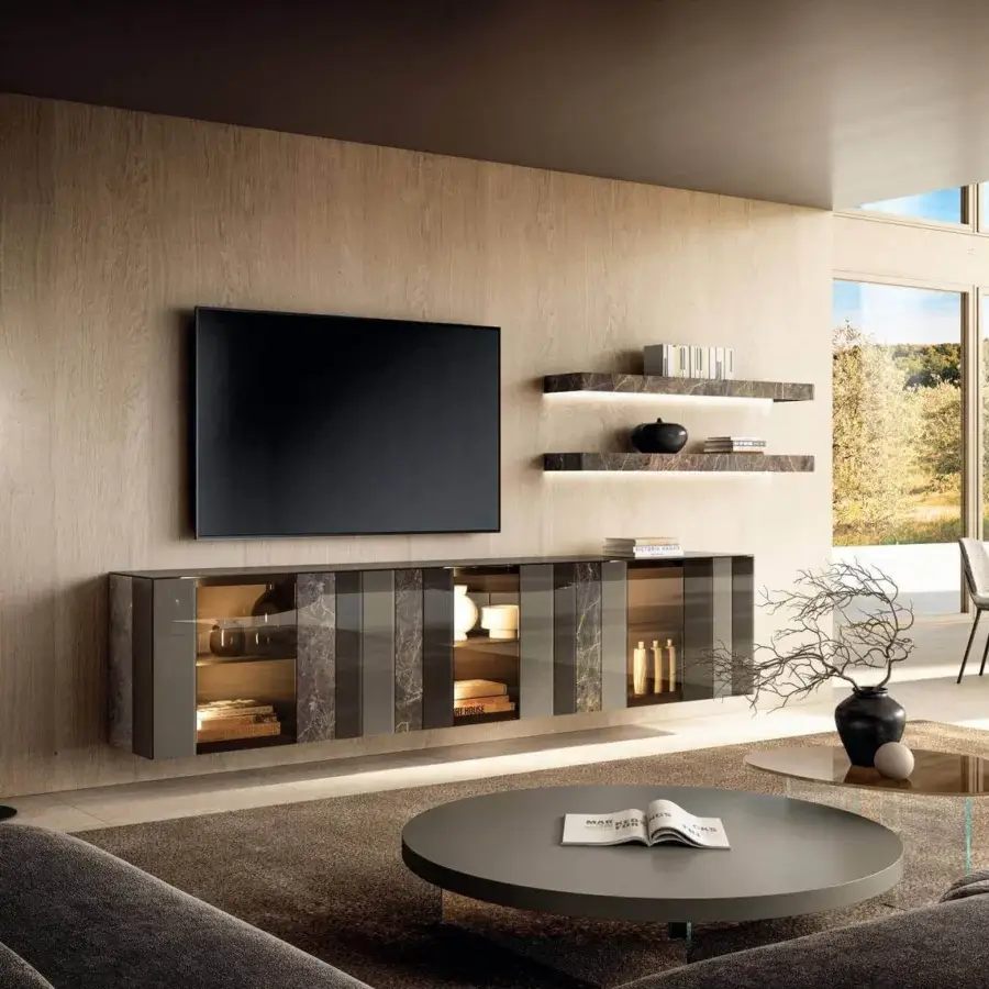 Superior Lago Air coffee table in medium gray lacquer with matte finish and transparent tempered glass leg
