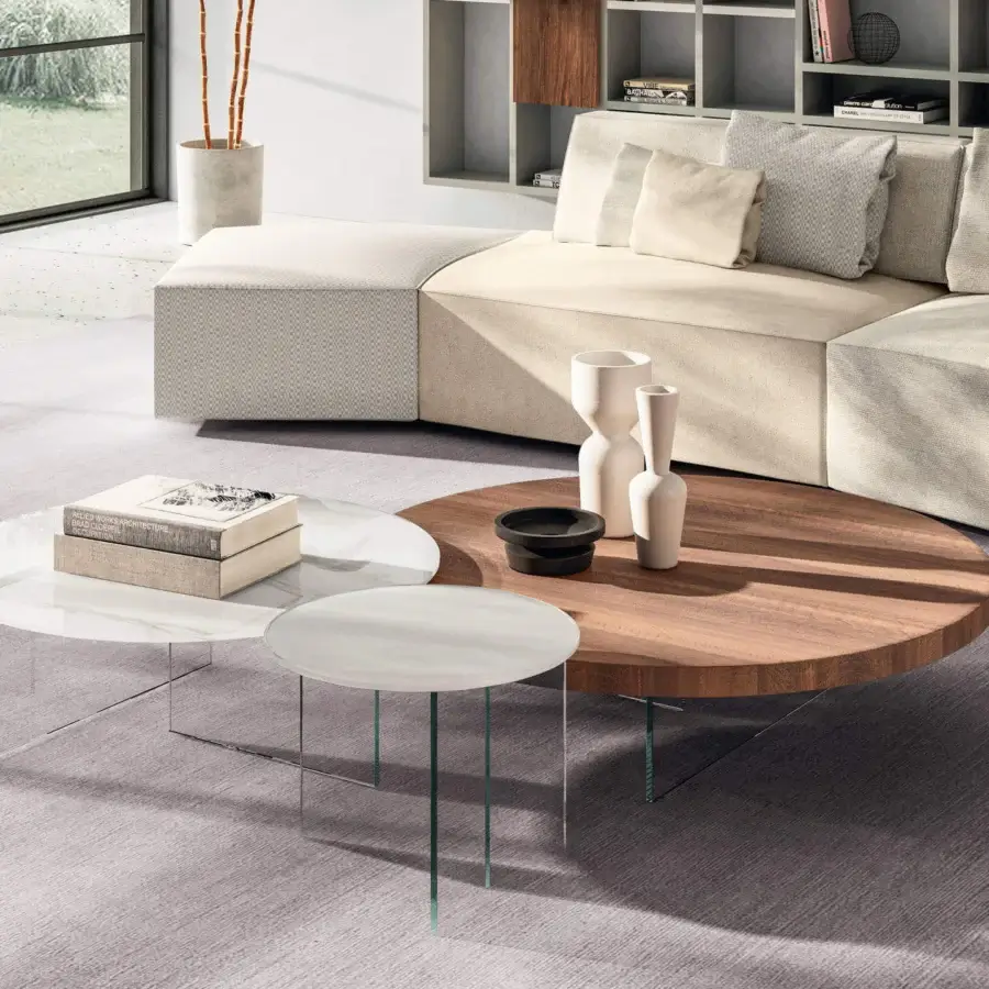 Superior Lago Air Round coffee table crafted in Italy with a wood surface and matte finish supported by tempered glass legs