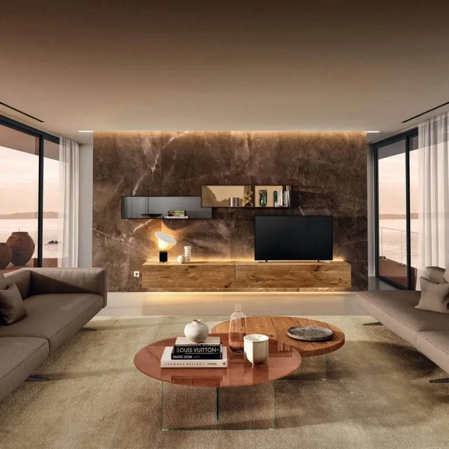 Superior Lago Air Round coffee table crafted in Italy with copper and natural brown wood surfaces plus transparent glass legs