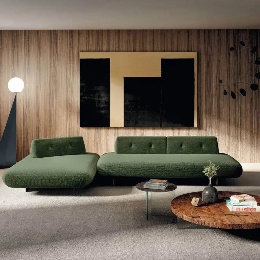 Distinguished Lago Air Round coffee table crafted in Italy with wood and slender tempered glass legs, exhibiting a textured medium-to-dark brown finish