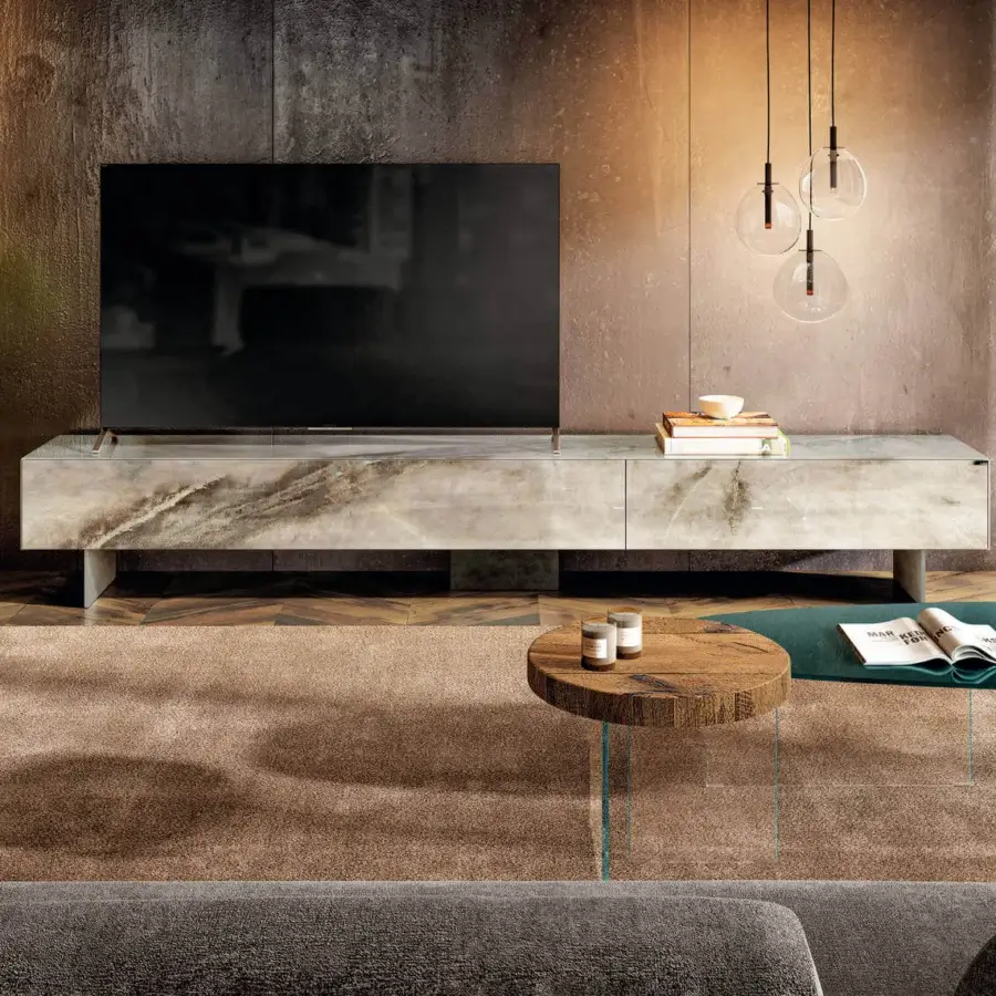 Superior Lago Air Round coffee table with wood grain and transparent glass legs in a sophisticated matte finish