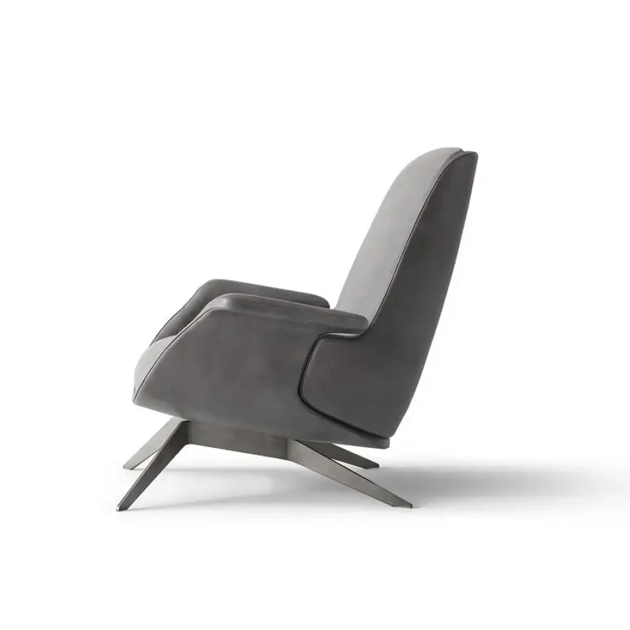 Elegant OAK Blues lounge chair with gray leather upholstery and geometrically shaped painted metal base