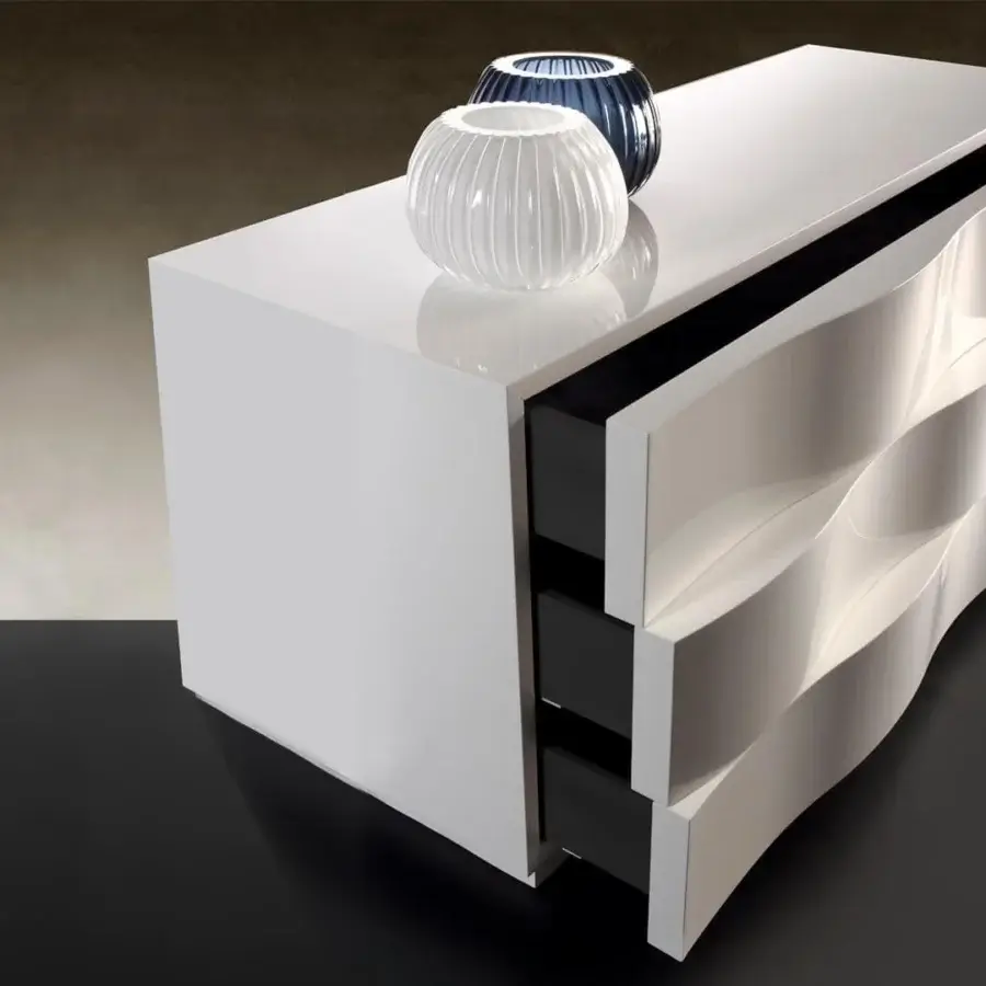 Distinguished Reflex Onda dresser with elegantly curved fronts and glossy white lacquered wood with black lacquered plinth