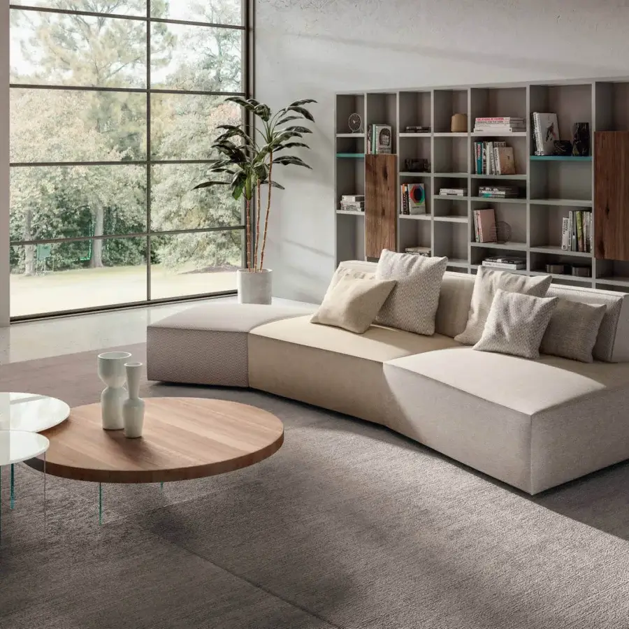 Distinguished Lago Air Round Coffee Table with layered glass surfaces and a warm brown lower level crafted in wood with glossy finish