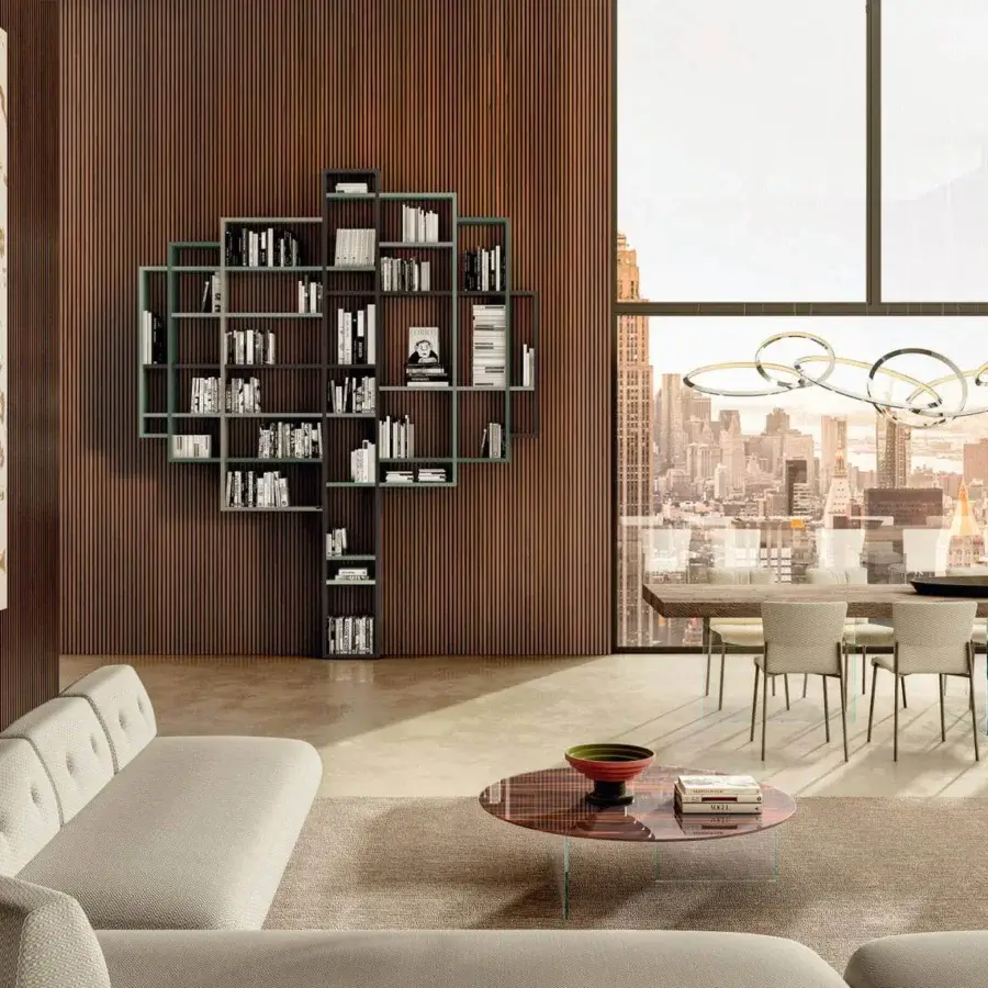 Elegant Lago Air Round Coffee Table with glossy brown patterned wood and transparent tempered glass legs