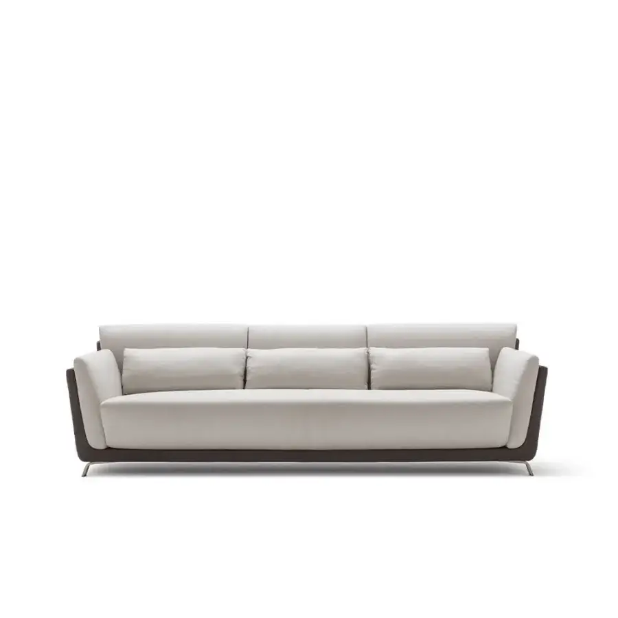 Elegant OAK Moma sofa with light textile upholstery and a contrasting dark frame built with thin metallic legs