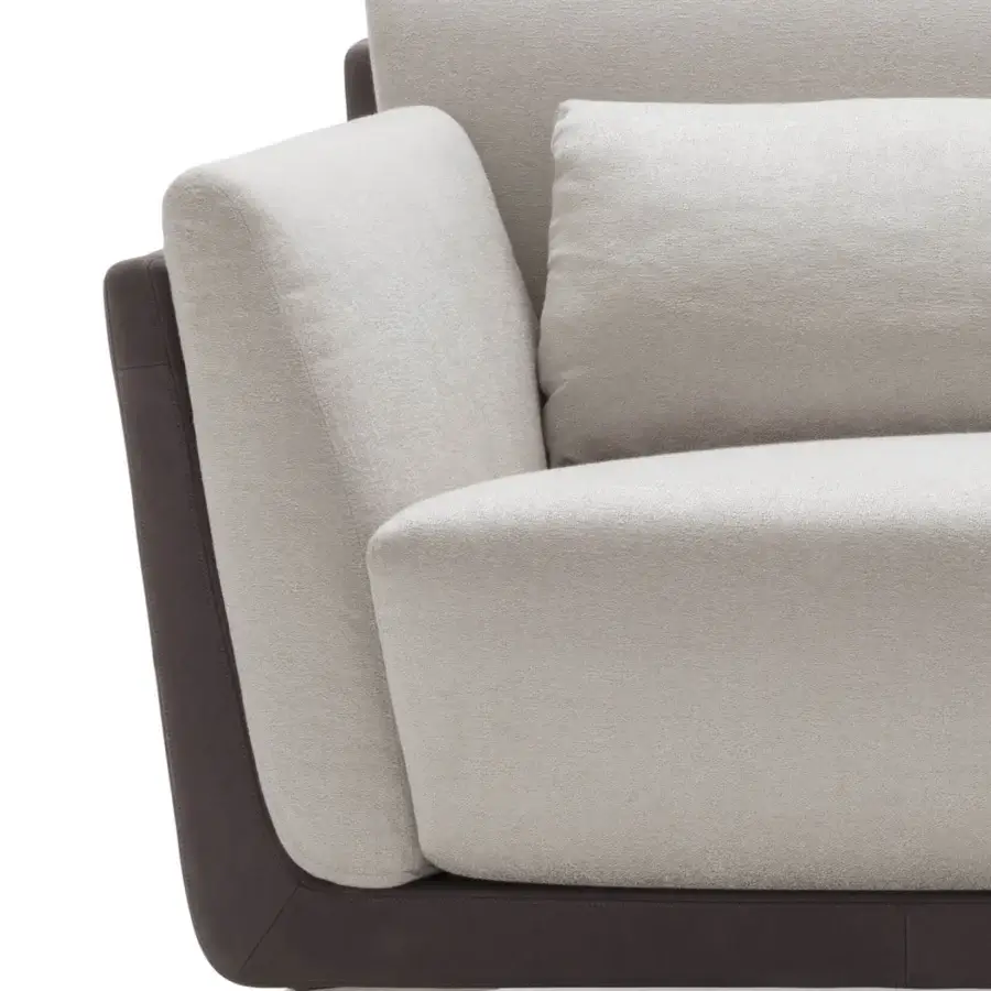 Distinguished OAK Moma sofa with light grey textured textile upholstery and dark brown accents built with a single metal leg