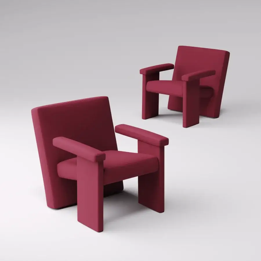 Distinguished LaCividina Agetti lounge chair with reddish-purple textile upholstery and solid beech wood frame built with metal reinforcements