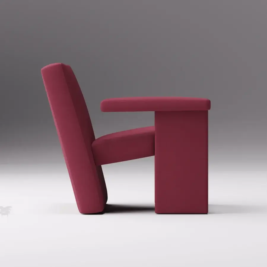 Distinguished LaCividina Agetti lounge chair with deep red textile upholstery and a solid beech frame built following Friuli upholstery techniques