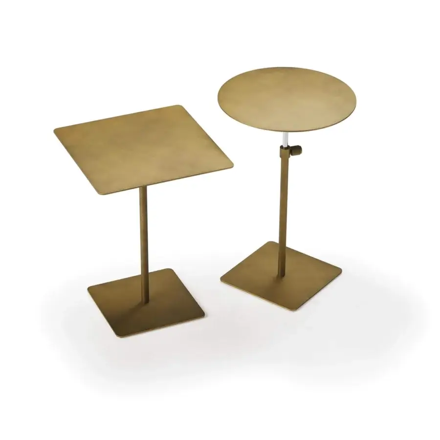 Exclusive Cattelan Italia Step side table with square base and circular top in brushed brass embossed lacquered steel and black chrome stem