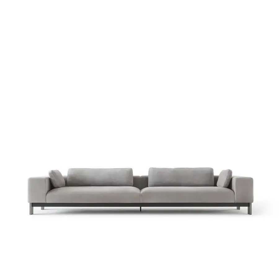 Superior OAK Opera sofa with smooth gray textile upholstery and dark toned metal framework with bolster pillows