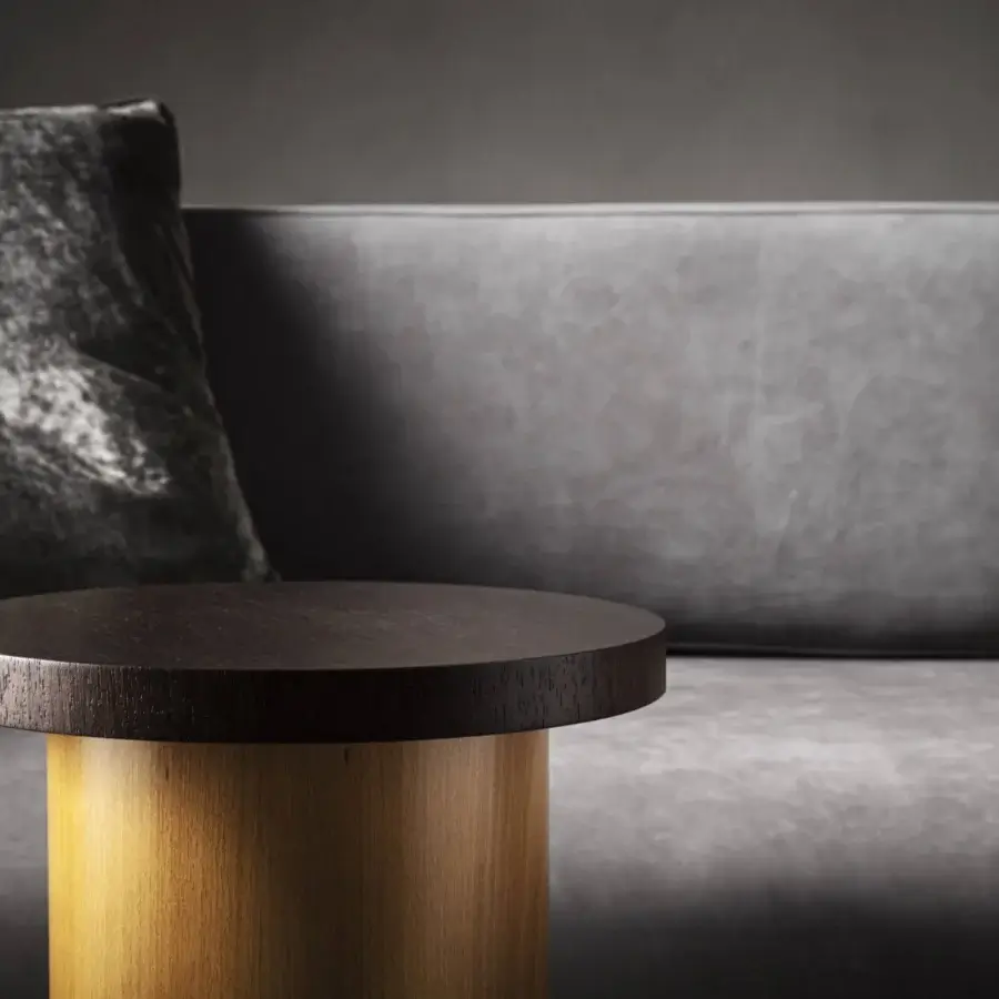 Elegant OAK Opera sofa upholstered in smooth medium gray fabric with sleek metal legs and a dark gray textured pillow