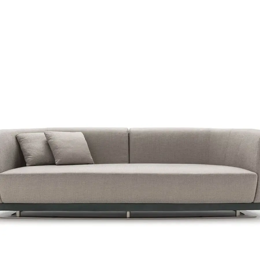 Superior OAK Solomon sofa with soft shapes upholstered in finely textured light gray fabric and dark gray frame