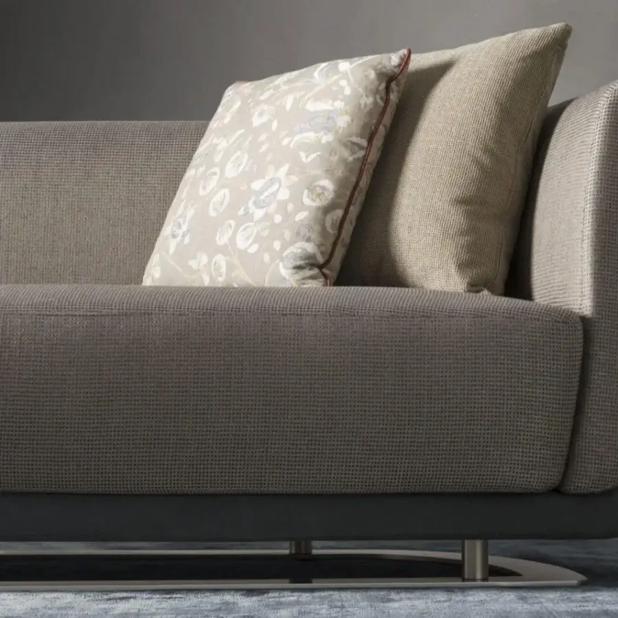 Exceptional OAK Solomon chaise lounge with soft shapes upholstered in textured neutral gray-beige textile and satin-finished metal base