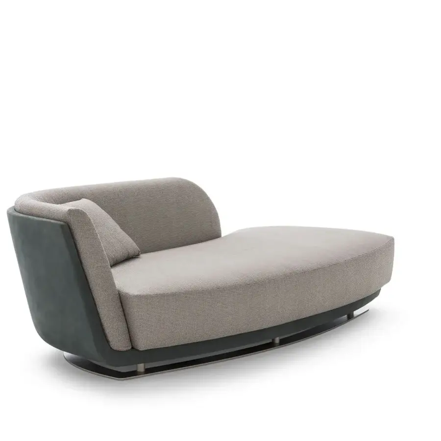 Elegant OAK Solomon chaise lounge upholstered in woven beige textile with a dark green base and slender metallic legs