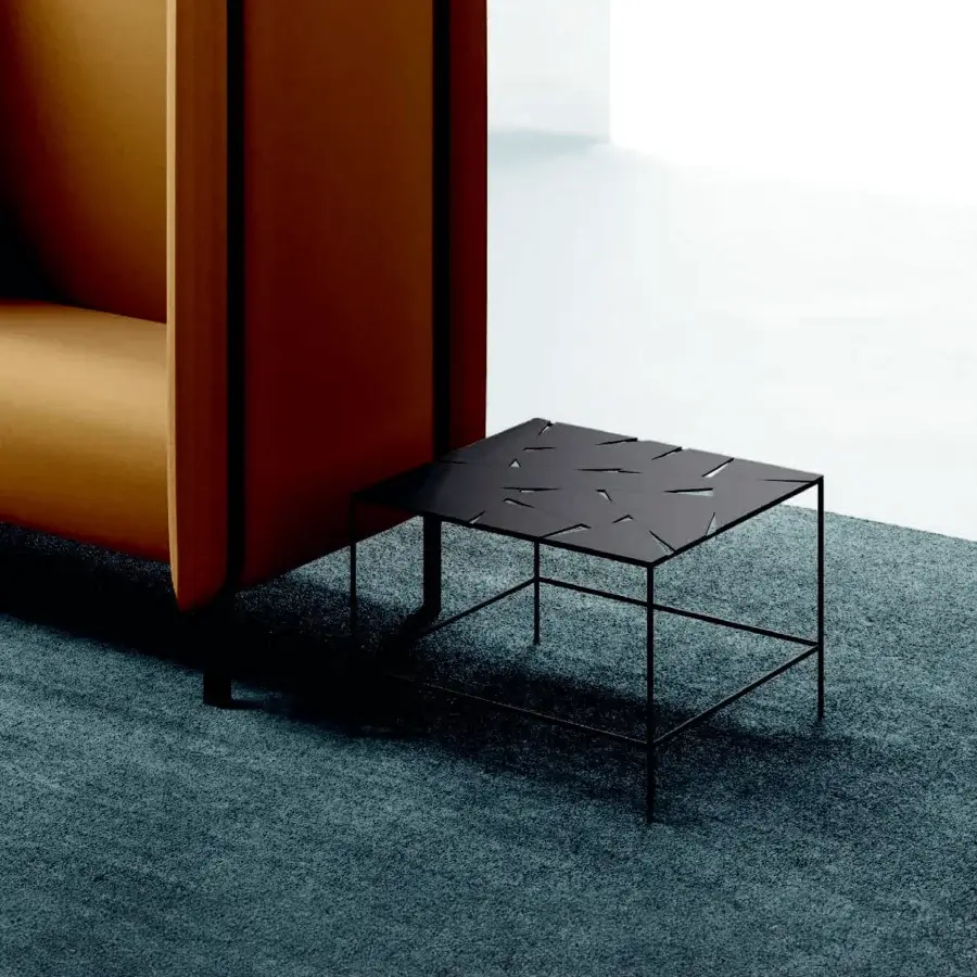 Superior LaCividina Borgo coffee table crafted from sheet steel with irregular cutouts and matte black finish