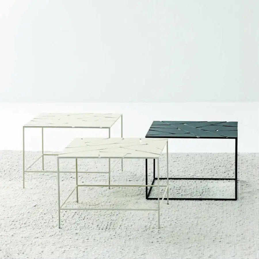 Exceptional LaCividina Borgo coffee table with fragmented sheet steel tabletop and minimalist metal rod frame in a dark matte finish