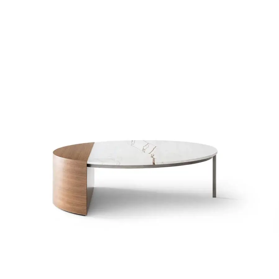 Superior OAK Central coffee table with walnut wood and marble top showcasing a semi-circular design with a thin metal frame