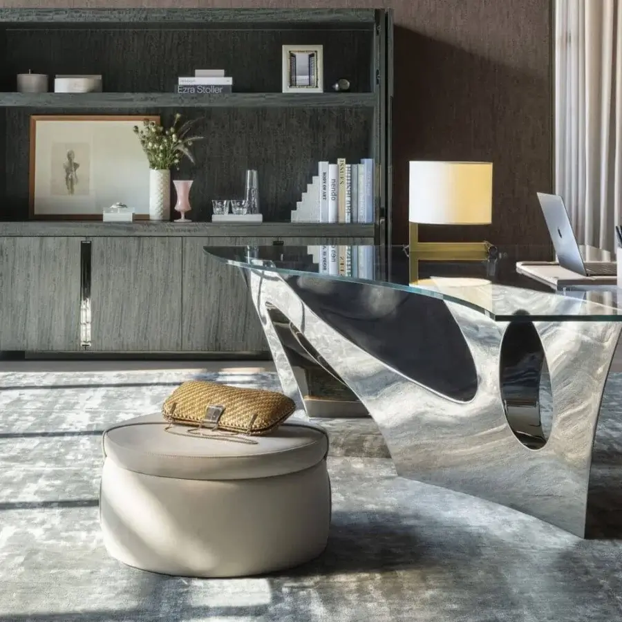 Distinguished OAK Central ottoman with inviting circular silhouette and light beige textile, built with a retractable pouf and coffee table