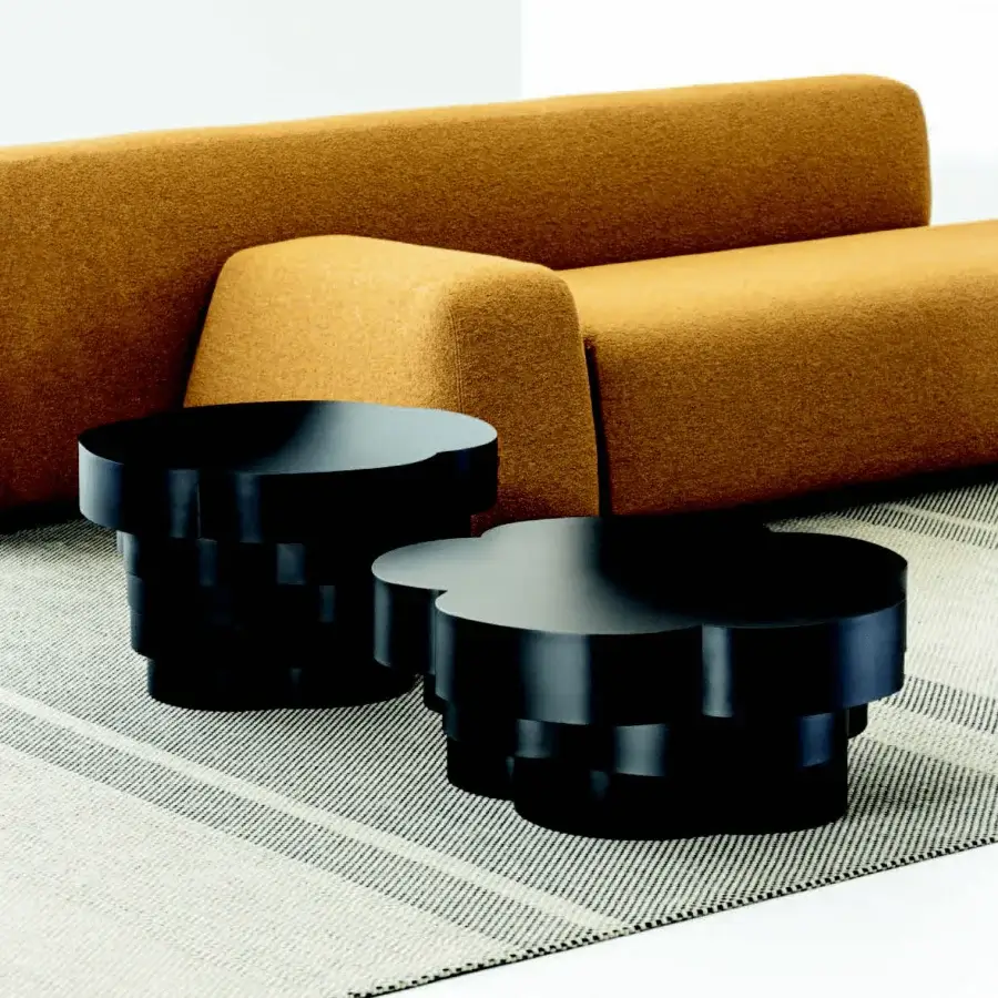 Elegant LaCividina Idda coffee table, a sculptural form built in deep black with hand-bent sheet metal layering