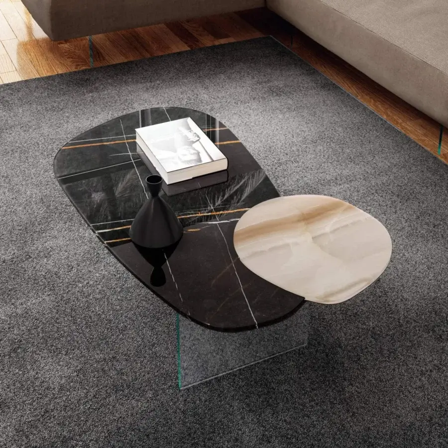 Captivating Lago Blendie coffee table with a one-piece XGlass top showcasing dark glossy marble and cream veining with a transparent glass base