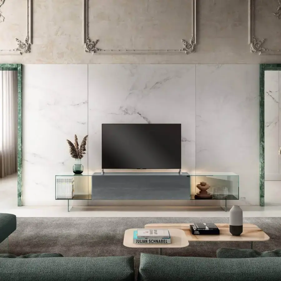 Elegant Lago Blendie coffee table with light-toned XGlass top creating illusionary layered shapes and asymmetrical planes